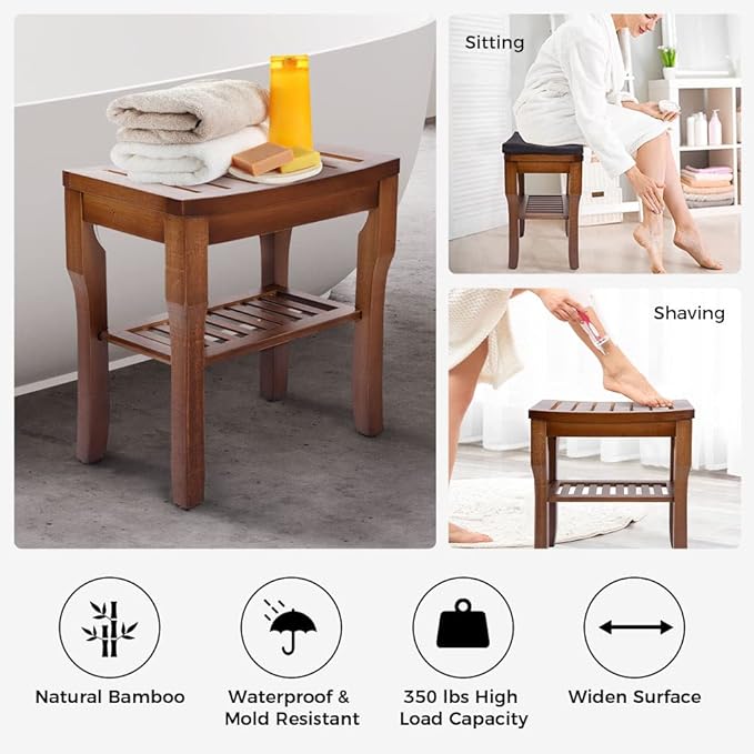 StrongTek Bamboo Shower Bench Seat with Cushion, Shower Stool with Storage Shelf, Lightweight, Non-Slip, Quick-Drain Design, 350 lbs Capacity, Ideal for Bathroom, Spa, Sauna, Living Room
