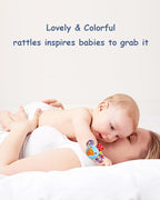 BLOOBLOOMAX Baby Soft Hanging and Wrist Rattle Toy, Car Seat Stroller Toys with Plush Animal C-Clip Ring for Infant Babies Boys and Girls 3 to 12 Months (12PCS-G)