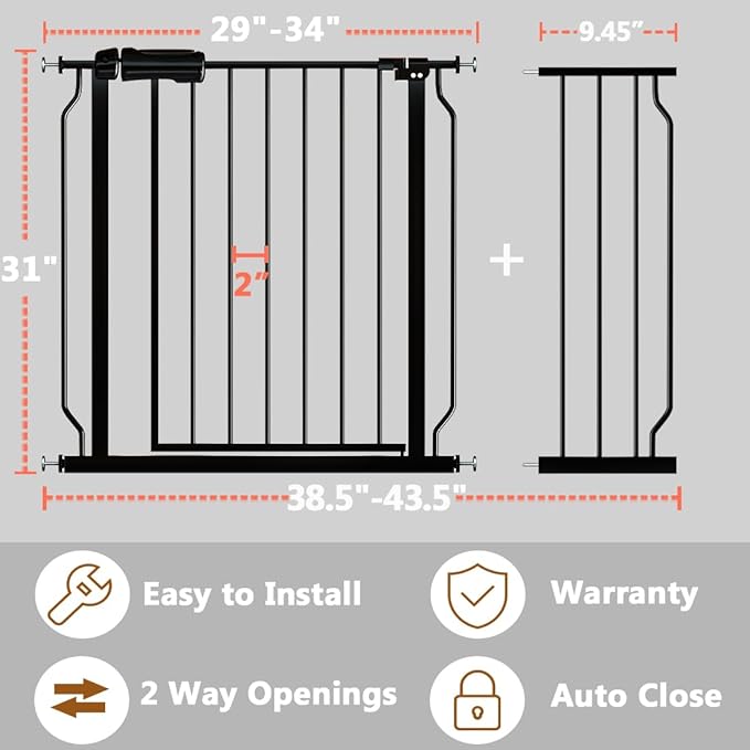 Fairy Baby Walk Through Baby Gate 38.5-43.5 Inch Wide, Pressure Mounted Safety Gate with Door No Drill, Black Tension Metal Gate for Dog and Toddler
