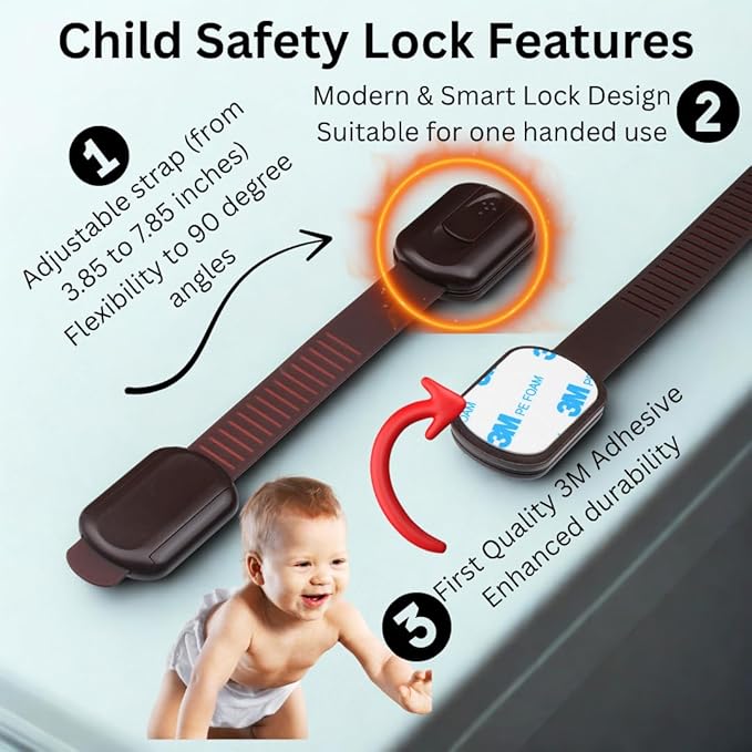 Child Safety Cabinet Locks (6 Pack) – Adjustable Baby Proofing Strap Latches with Strong 3M Adhesive – No Drill Childproof Locks for Drawers, Cabinets, Fridge, Door, Closet, Brown