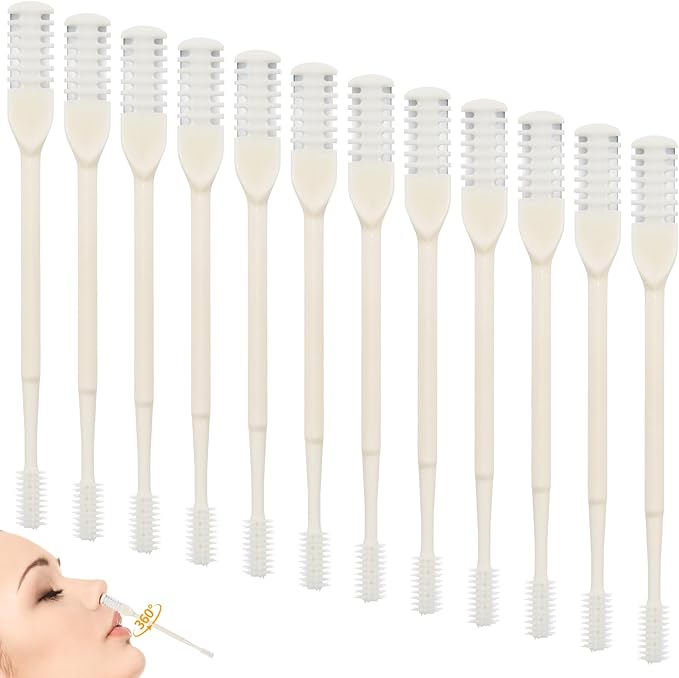 12 Pcs 2-in-1 Nasal Hair Cutter, Double Sided Manual Nose Hair Trimmer with Soft Cleaning Brush Head Portable 360° Rotating Upgrade Nose Hair Knife for Women Men (Cream)
