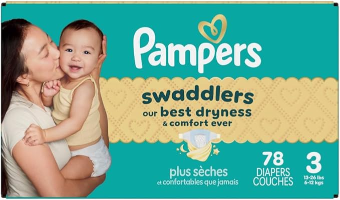 Pampers Swaddlers Diapers, Size 3 (13-26 lbs), 78 Count, Absorbent, Keeps Baby Dry and Comfortable, Skin Safe Disposable Baby Diaper (Packaging May Vary)