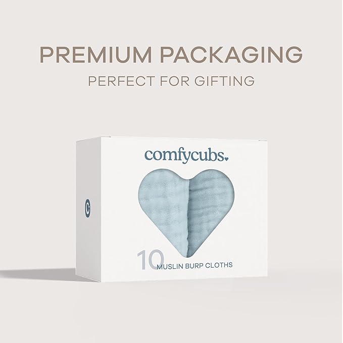 Comfy Cubs Muslin Burp Cloths 20" x 10", Pack of 10 - Large, 6-Layer, Ultra Absorbent 100% Cotton for Baby Drool and Messes - Soft, Safe & Gentle Baby Burp Cloths for Boys & Girls - Sky Blue