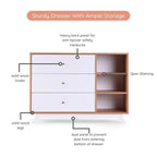 dadada Central Park 3-Drawer Dresser with Open Shelving - Modern Design, Baby-Safe Finish, Forged Steel Support, Sturdy Wood Legs, for Nursery, Kids or Teen Room, 47” Wide (White+Red Oak)