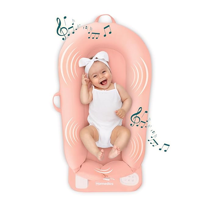 MyBaby 3-in-1 Calming Baby Cushion, Soothing Comfort for Newborns & Infants, Snuggling Sensation, Sound and Vibration, Designed for Safety, Rechargeable & Machine-Washable, by Homedics, Coral