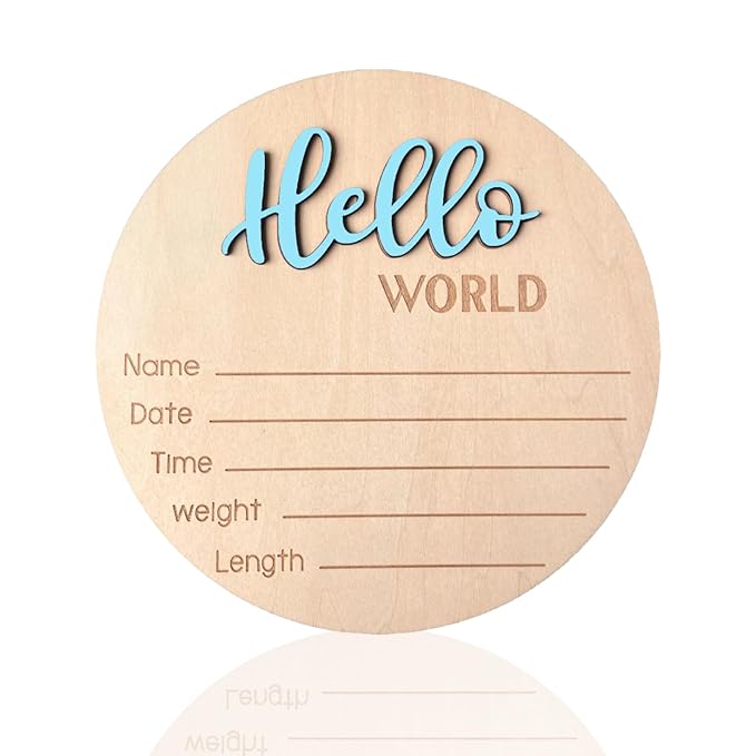 Baby Announcement Sign, 5.9 Inch Wooden Hello World Newborn Signs, Birth Announcement Sign, Baby Shower Hospital Nursery for Newborn Boys and Girls (Sky blue)