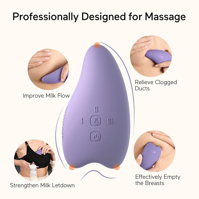 Momcozy Warming Lactation Massager 2-in-1, Soft Breast Massager for Breastfeeding, Heat + Vibration Adjustable for Clogged Ducts, Improve Milk Flow, Lilac