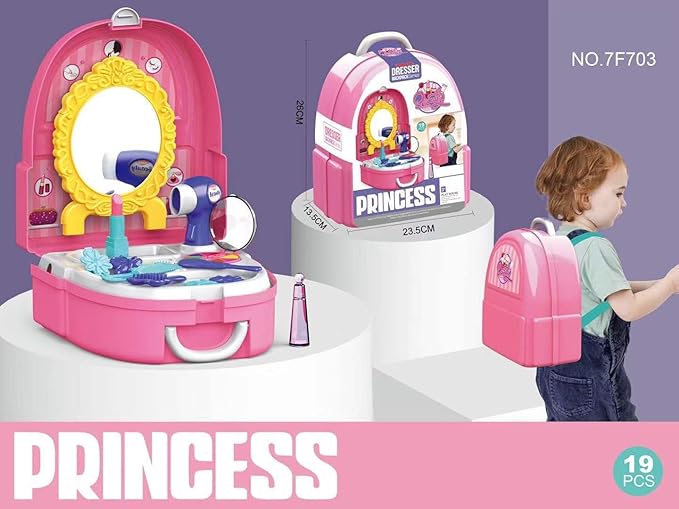 19-Piece Kids Pretend Makeup Playset – Princess Backpack Dress Up Toys for Girls, Portable Role Play Beauty Kit for Imaginative Play (Princess)
