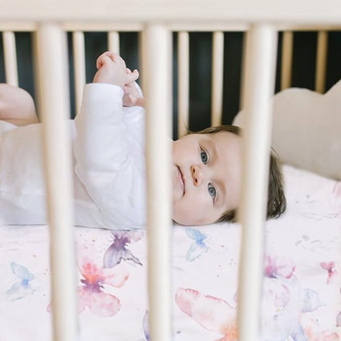 Oilo Crib Sheet, Breathable, Fitted, Turkish Cotton Jersey, 300 Thread Count, Machine Washable, Fits Standard Crib (28" x 52" x 6"), Toddler Bedding, Girl, Boy, & Neutral Nursery Design, Butterfly