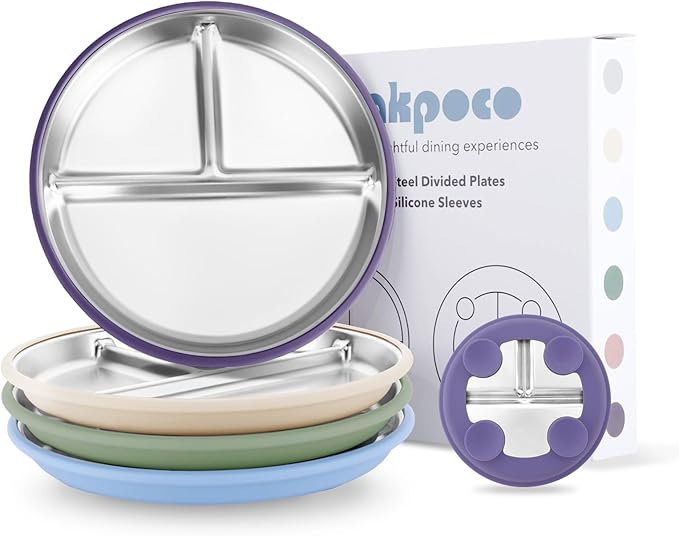 Stainless Steel Suction Plates for Toddlers, 9" Divided Kids Baby Plates with Removable Silicone Suction, Non Toxic Non Slip Portion Control Snack Dishes 4 Packs, Blue Green Purple Beige