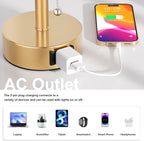Gold Bedside Table Lamps Set of 2-3 Color Temperatures Pull Chain Lamp with AC Outlet Charging Port, Two Round Night Stand Lamps for Bedroom Office Living Room