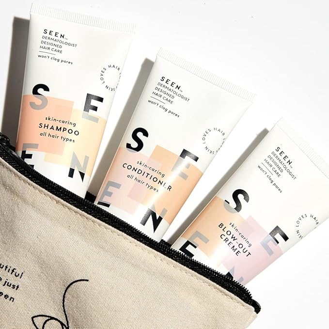 SEEN Travel Trio - Scented - Non-Comedogenic & Sulfate-Free Blow-Out Hair Cream, Shampoo & Conditioner Set- Reduces Frizz- Heat Protectant- Safe for Sensitive & Acne Prone Skin