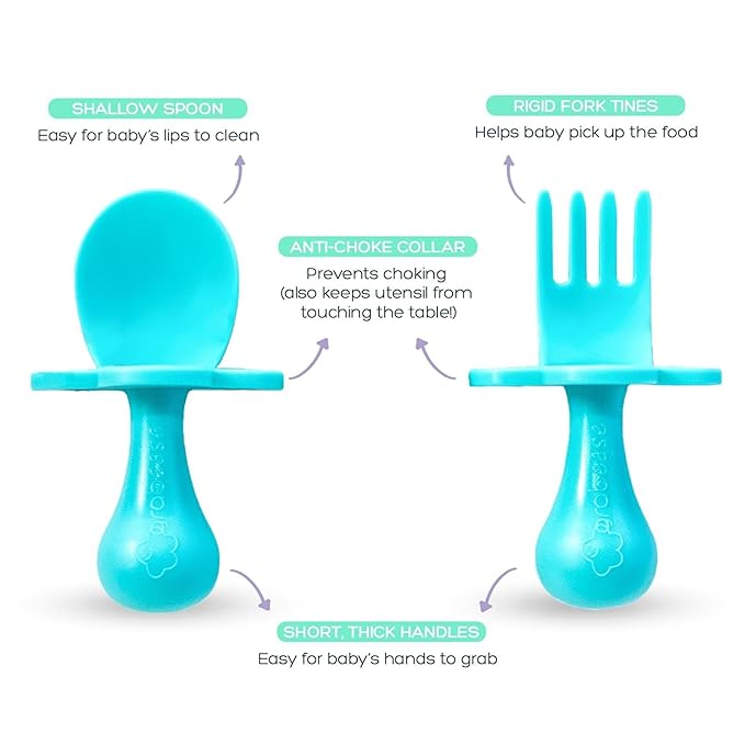 Grabease Baby Feeding Utensils - Anti-Choke Collar & Toddler Fork for Ages 1-3 - Easy-Grip Curved Handle Infant Spoon - Dishwasher-Safe Convenience & Baby Cutlery - Teal