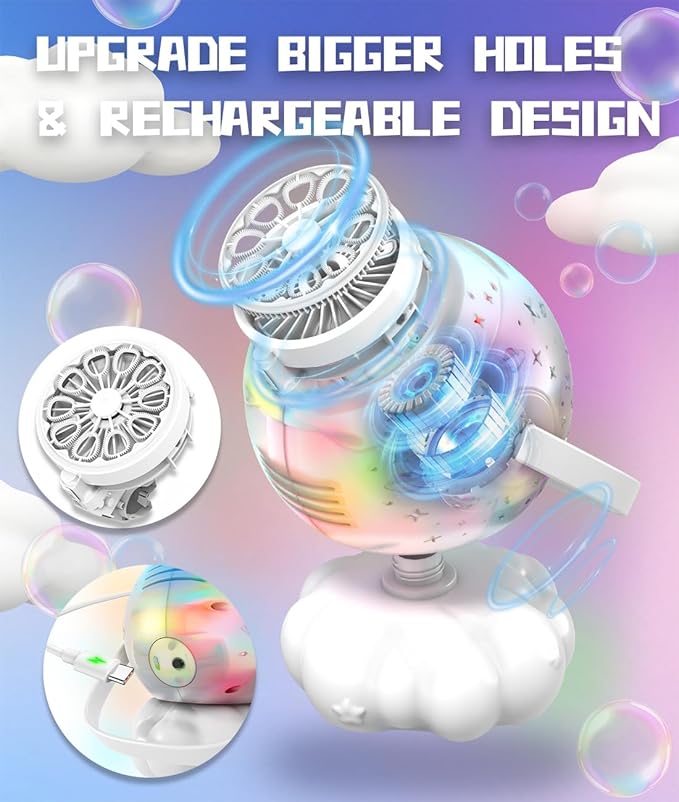 Rechargeable Bubble Machine, Bubble Maker for Kids with Colorful LED Light, Make Large Bubbles, 600mL Capacity - Outdoor Party Birthday Halloween Toys Gifts for Toddlers Ages 3+ Boys Girls