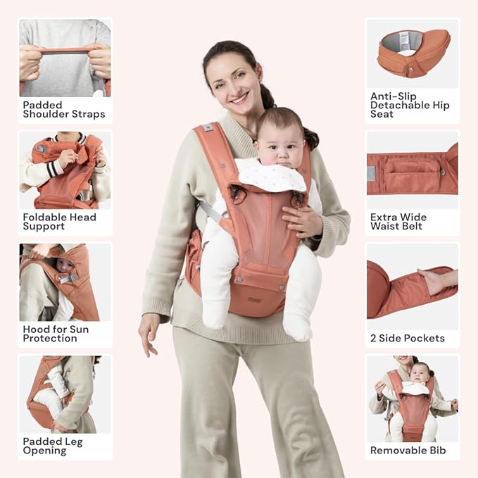 BabbleRoo Grow Carrier – Safety-Certified 6-in-1 Baby Carrier with Hip Seat, Ergonomic & Adjustable Toddler Carrier 7-50 lbs with Hip Support, Hood for Sun Protection, Newborn to Toddler,Kangaroo Rose