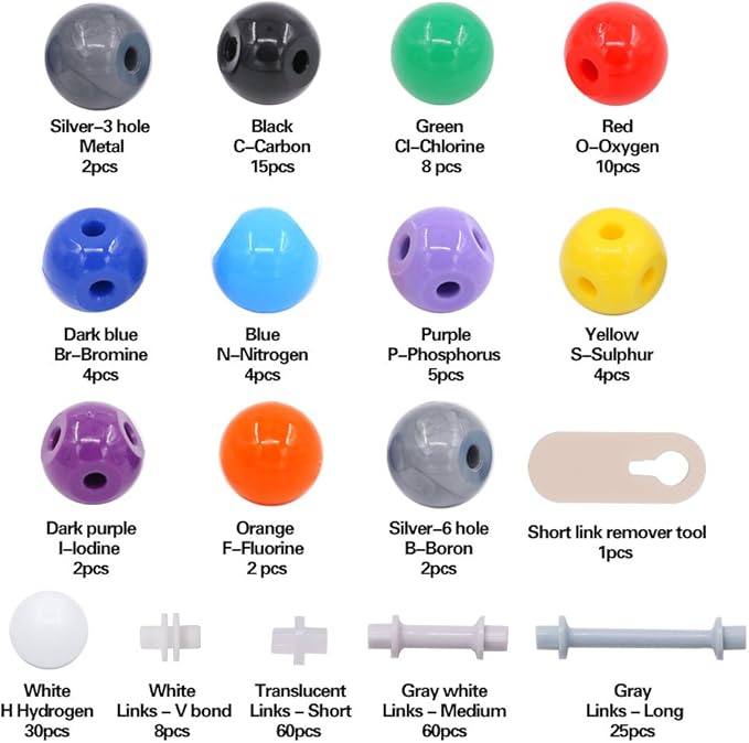 Swpeet 240 Pcs Organic Chemistry Molecular Model Student and Teacher Kit, Chemistry Molecular Model Student and Teacher Set - 86 Atoms & 153 Bonds & 1 Short Link Remover Tool