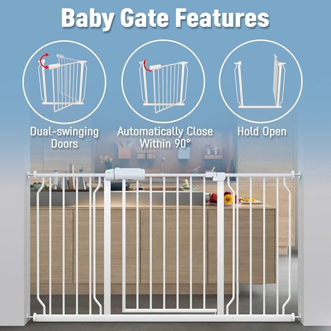 ALLAIBB Extra Wide Pressure Mount Baby Gate Auto Close White Metal Child Dog Pet Safety Gates with Walk Through for Stairs,Doorways,Kitchen and Living Room(52.76-57.48"/134-146cm)
