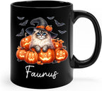 Personalized Ragdoll with Pumpkins Mug Gift for Halloween, Customized Name Ragdoll Witch Hat Coffee Cup, Unique Cat Breeds Ceramic Mug, Cat Dad Mom Halloween Cup, Black Tea Cups 11oz 15oz