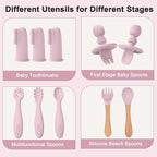 Silicone Baby Feeding Set 14 Pcs,Baby Led Weaning Supplies, Baby Spoons Suction Bowl Divided Plate Bib Cup Finger Brush,First Stage Solid Food Eating Utensils - 6+ Months(Light Pink)