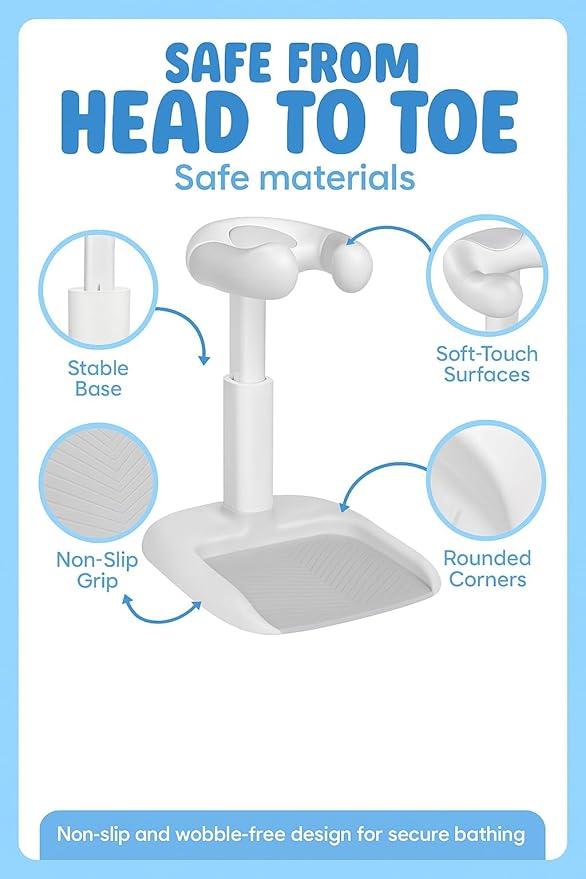 Baby Bath Adjustable Shower Stand with Stool- Secure Infant & Toddler Bath Support, Non-Slip Stool & Foldable Stand