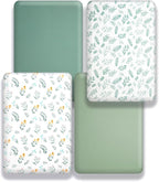 4 Pack Sage Green Fitted Nursery Sheets Breathable Neutral Unisex Baby Sheets for Boys or Girls with Leaf and Flower Design Standard Crib Sheet (Green, Crib Sheet)