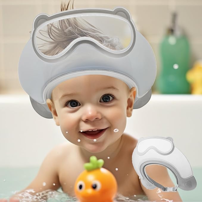 Baby Shower Cap Shield, Shower Cap for Kids, Visor Hat for Eye and Ear Protection for 0-9 Years Old Children, Cute diving goggle Shape Makes The Baby Bath More Fun (Grey)
