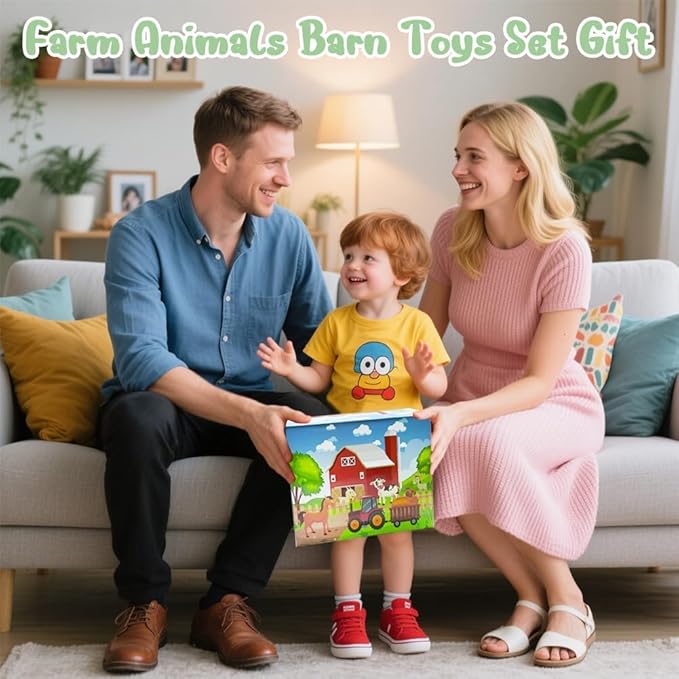 Kimicare Big Musical Red Barn Toy Farm Animal Finger Puppets for 1 2 3 4 5 Years Old, Animal Figures Playset with Farm Tails Baby Book, Sensory Learning Toys Gift for Toddlers Boys Girls