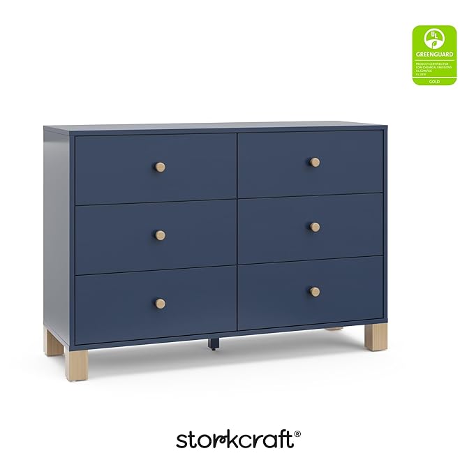 Storkcraft California 6 Drawer Double Dresser (Midnight Blue with Driftwood) – GREENGUARD Gold Certified, Spacious Storage Organizer for Kids’ Room, Safety Interlocking Drawer System