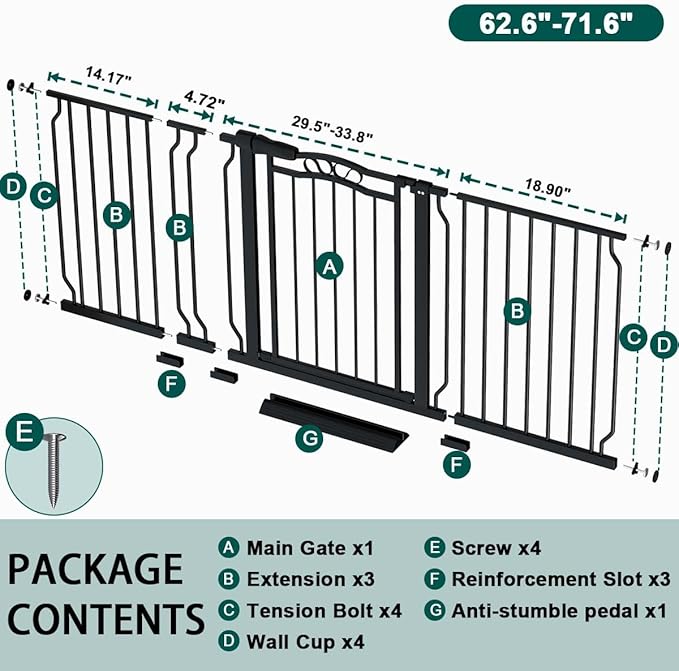 Fairy Baby 62.5"-71.6" Extra Wide Long Pet Dog Gate for The House, Baby Safety Child Gate for Stairs Doorways Garden, Pressure Mounted Toddler Gate, Metal Auto Close Large Pet Gate Walk Thru, Black