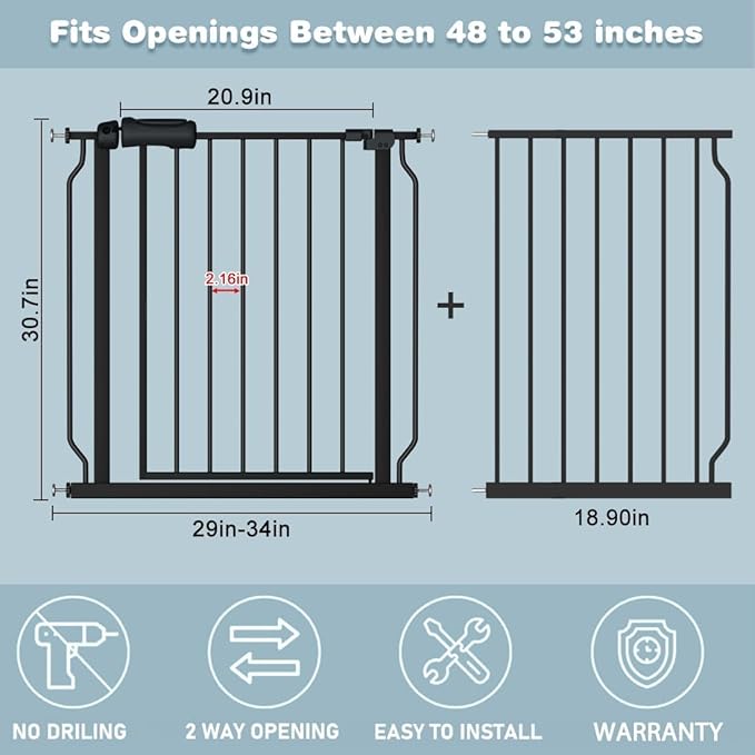 48-53 Inch Extra Wide Baby Gate for Stairs, Safety Dog Gate for Doorways, Pressure Mounted Walk Through Child Gate for Kids Pets No Drill Indoor and Outdoor, Black