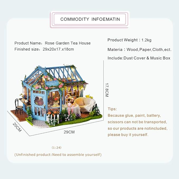 CUTEBEE Dollhouse Miniature House with Furniture, DIY Dollhouse Kit with Dust Proof, Music Movement, 1:24 Scale Creative Room for Gift for Family and Friends (Rose Garden Tea House)