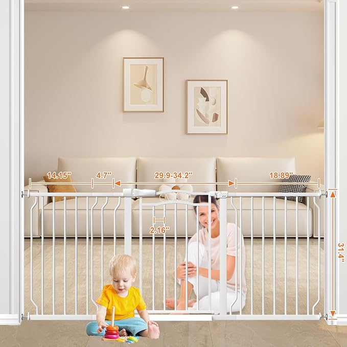 62.2-71.6" Extra Wide Baby Gate for Stairs No Drilling, 30" Tall Auto Close Press Mounted Dog Gates for Doorways, Adjustable Width Walk Through Long Gates for Kids or Pets, White