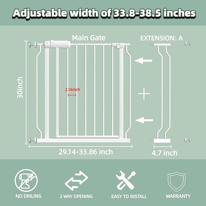 TSAYAWA Extra Wide Baby Gate with Door,33.8-38.5 Inch Walk Through Large Long Child Gates for Stair Doorway - Indoor Outdoor Safty Gate for Toddler Pet Dog Doggie White