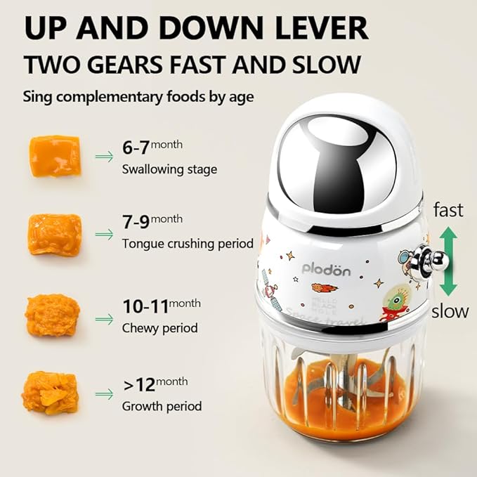Baby Food Maker Mini Cute and Small Food Processor Puree Blender Grinder Chopper 1.2 Cup Glass Bowl with 6 Blade Electric (Spaceman-White(One Bowl))