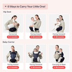 BabbleRoo Grow Carrier – Safety-Certified 6-in-1 Baby Carrier with Hip Seat, Ergonomic & Adjustable Toddler Carrier 7-50 lbs with Hip Support, Hood for Sun Protection, Newborn to Toddler, Navy Hearts