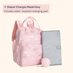 BabbleRoo Diaper Bag Backpack - Baby Essentials, Travel Essentials Baby Bag with Changing Pad, Stroller Straps & Pacifier Case - Unisex, Pink Birdy