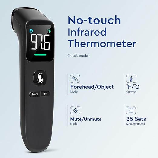 No-Touch Thermometer for Adults and Kids - Digital Forehead Thermometer with High Accuracy, Ultra Clear LEDScreen and Fever Alarm