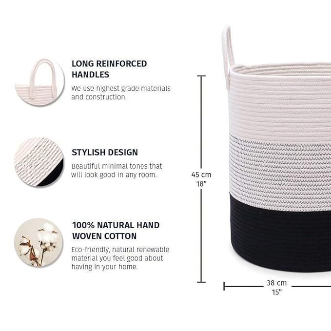 OrganiHaus Black & White Blanket Storage Basket for Living Room 15x18, Woven Nursery Hamper Basket, Large Toy Basket Storage for Kids, Laundry Hamper, Baby Laundry Basket, Cute Cotton Rope Basket