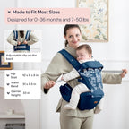 BabbleRoo Grow Carrier – Safety-Certified 6-in-1 Baby Carrier with Hip Seat, Ergonomic & Adjustable Toddler Carrier 7-50 lbs with Hip Support, Hood for Sun Protection, Newborn to Toddler, Denim Leaves