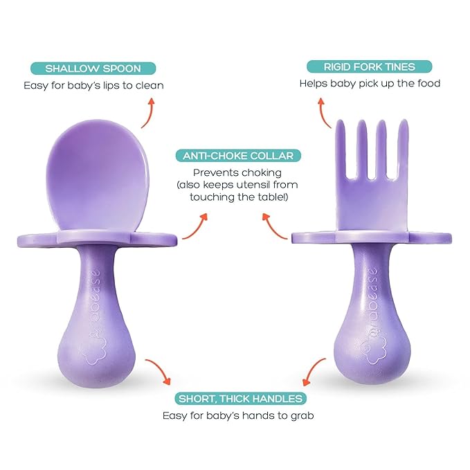 Grabease Baby Feeding Utensil Set - Ergonomic Self-Feeding & Toddler Spoon & Fork - Sturdy Plastic Training Silverware for Toddlers - Travel Pouch & Silverware for 1-Year-Olds - Lavender, Pack of 1