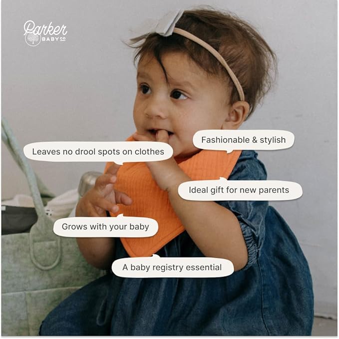 Parker Baby Muslin Bandana Drool Bibs | 100% Soft Muslin Cotton, Absorbent & Adjustable | Stylish Teething & Drooling Bibs
