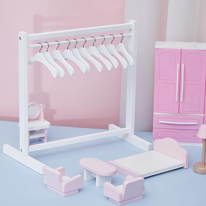 Civaner 22 Pcs Doll Garment Rack with Wooden Clothes Hanger for 18 Inch Girl Doll Clothes Mini Hangers Wardrobe Furniture Accessories for Dollhouse Baby Shower Supplies (Wood,White)