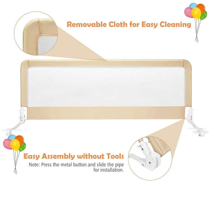 Costzon Bed Rail for Toddlers, 2 PCS Extra Long Swing Down Safety Bed Guards w/Straps for Convertible Crib, Kids Twin, Double, Full Size, Queen & King Bed, Folding Bed Rails for Baby (59-Inch, Beige)