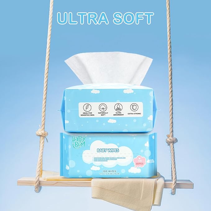 Dry Wipes - HAPPY BUM Baby Wipes, Large Baby Wipes, Wet and Dry Use, Unscented Tissues for Sensitive Skin (600 Count)