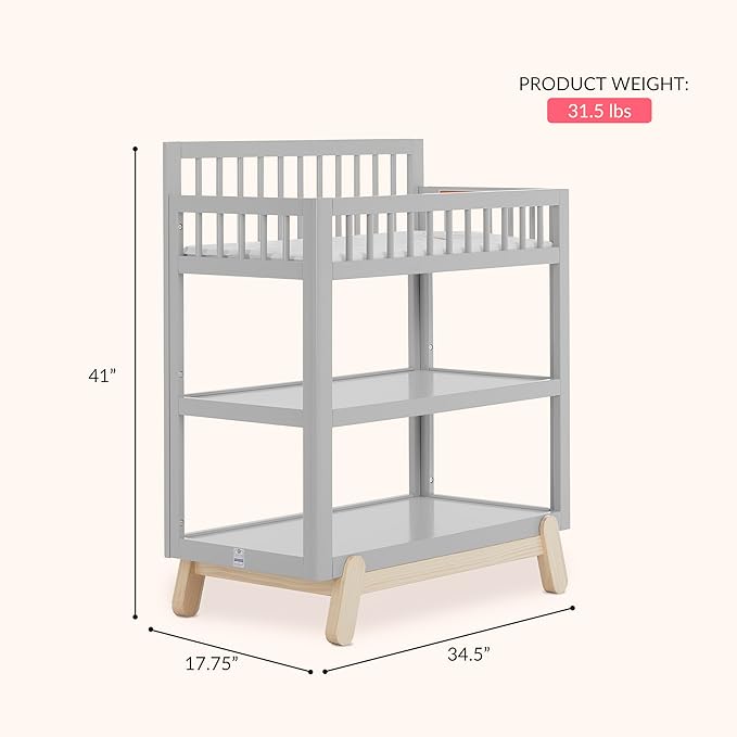 Dream On Me Hygge Baby Nusery Changing Table, Elevated Safety Rails, Water-Resistant Changing Pad & Safety Belt, Spacious Storage Shelves, GREENGUARD Gold & JPMA Certified – Pebble Grey Oak