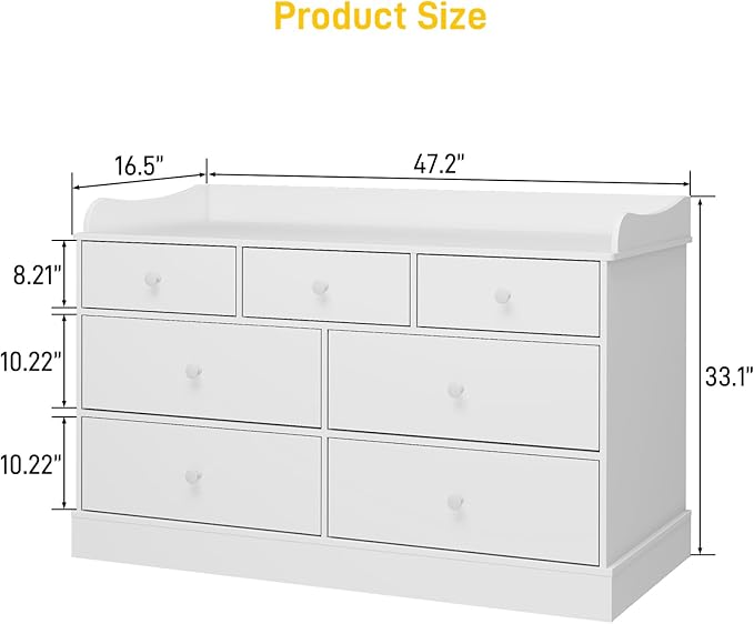 Vabches Kids Dresser Cabinet with 7 Drawers, Changing Table for Nursery, White Chest of Drawers, Baby Dresser, Kids Bedroom Furniture, Nightstand for Child’s Room, White