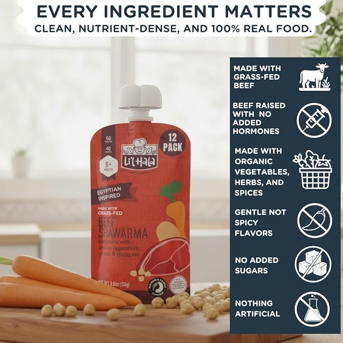 Li’l Hala Baby Food Pouches – Grass-Fed Beef Shawarma & Organic Veggies – Toddler Puree with Meat – High Protein, Healthy Fats – BPA-Free – No Sugar or Hormones – 6+ Months – 3.5 oz (12 Pack)