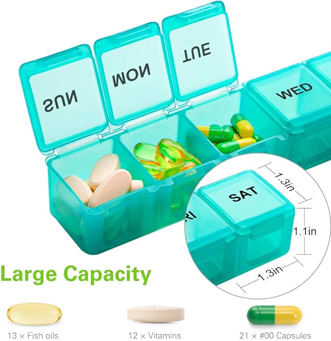 BUG HULL Weekly Pill Organizer Large 2 Packs, Extra Large Travel Pill Organizers, Pill Box 7 Day, Travel Pill Case, Medicine Pill Organizer for Vitamins, Supplements and Medications (Blue+Green)