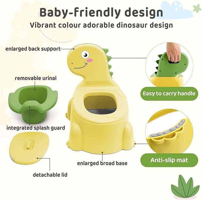 Potty Seat Baby Training Chair Boys Girls Toddler Dinosaur Comfortable children 1-5 years old Baby toilet Animal seat with lid back potty trainer (Yellow)
