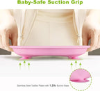 3-Pack Stainless Steel Baby Plates with Suction, BPA-Free Stainless Steel Kids Plates, 9" Divided Toddler Plate for Dishwasher Safe, Non-Slip Silicone Base, Detachable (Pink, Gray, Purple)